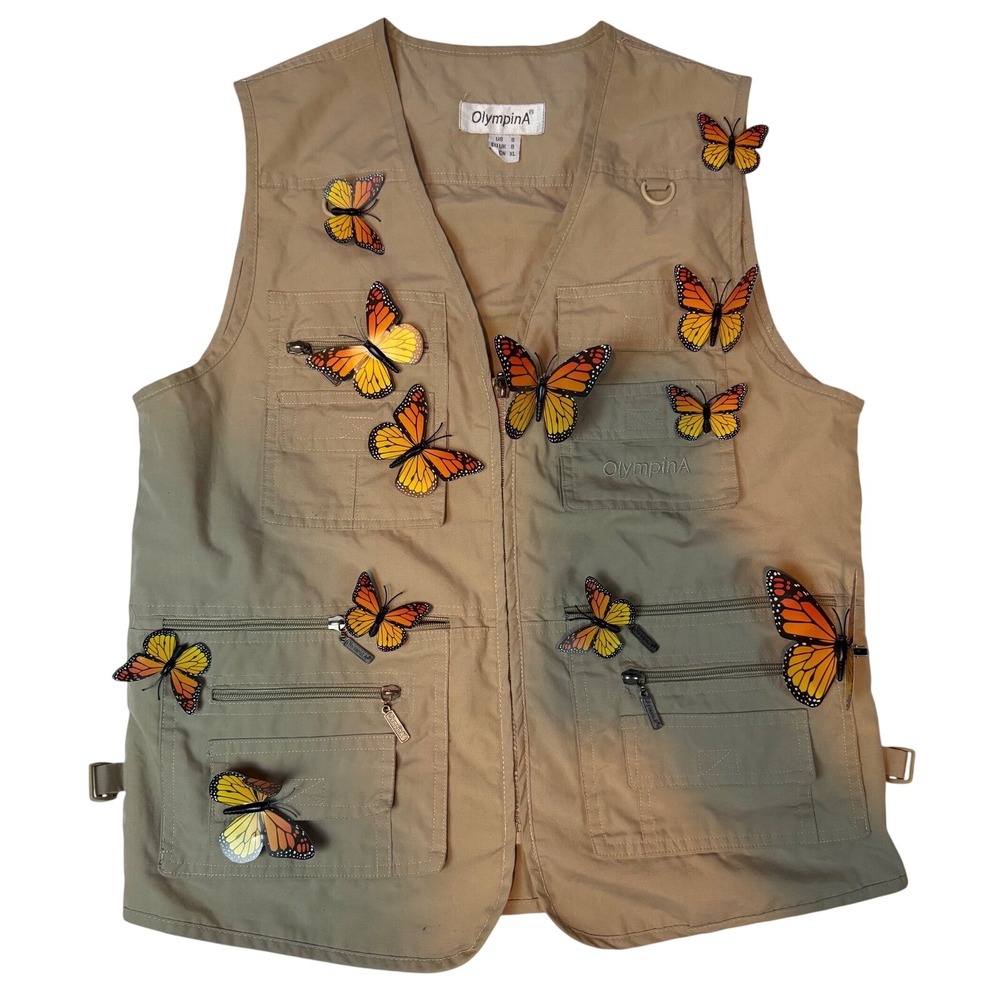 OlympinA Womens Tan Utility Fishing Vest with Butterfly Clips Size Small